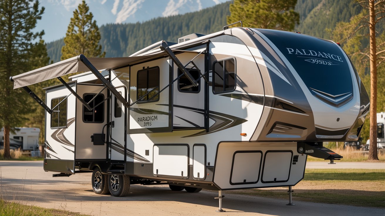 A recreational vehicle parked in front of a majestic mountain landscape under a clear blue sky.