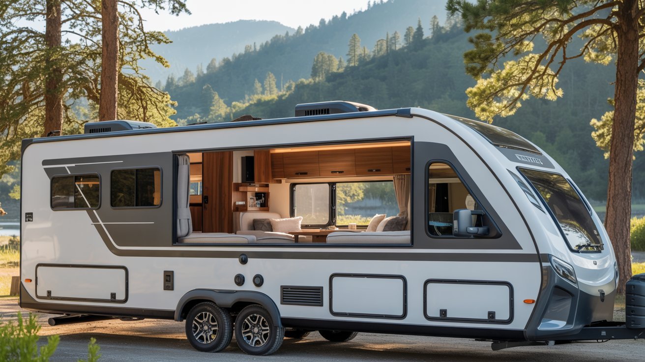 A white and black recreational vehicle parked on the roadside, with trees and grass in the background.