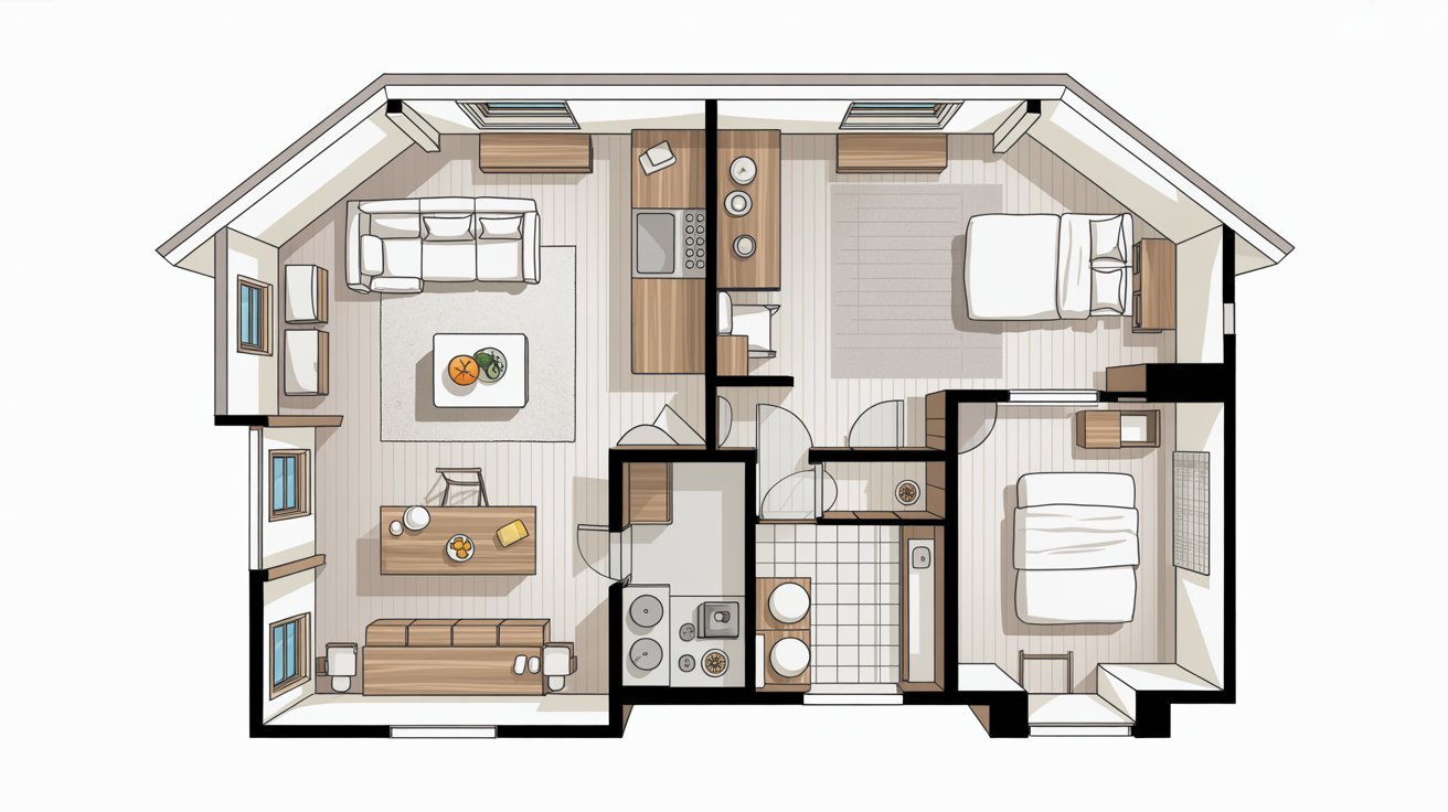Floor plan of a small apartment featuring two bedrooms and a living room layout.
