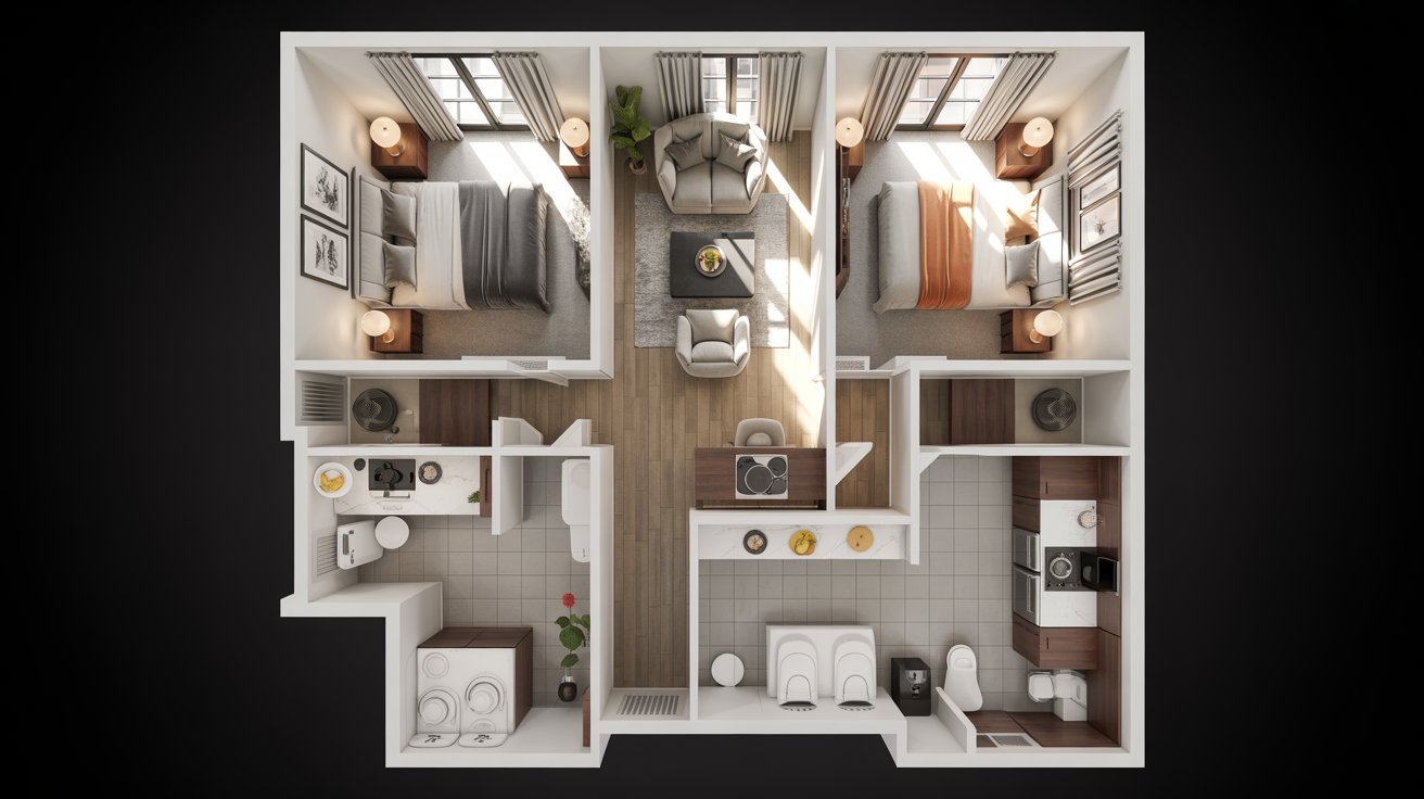 3D rendering of a modern two-bedroom apartment showcasing living space, kitchen, and bedrooms with contemporary decor.