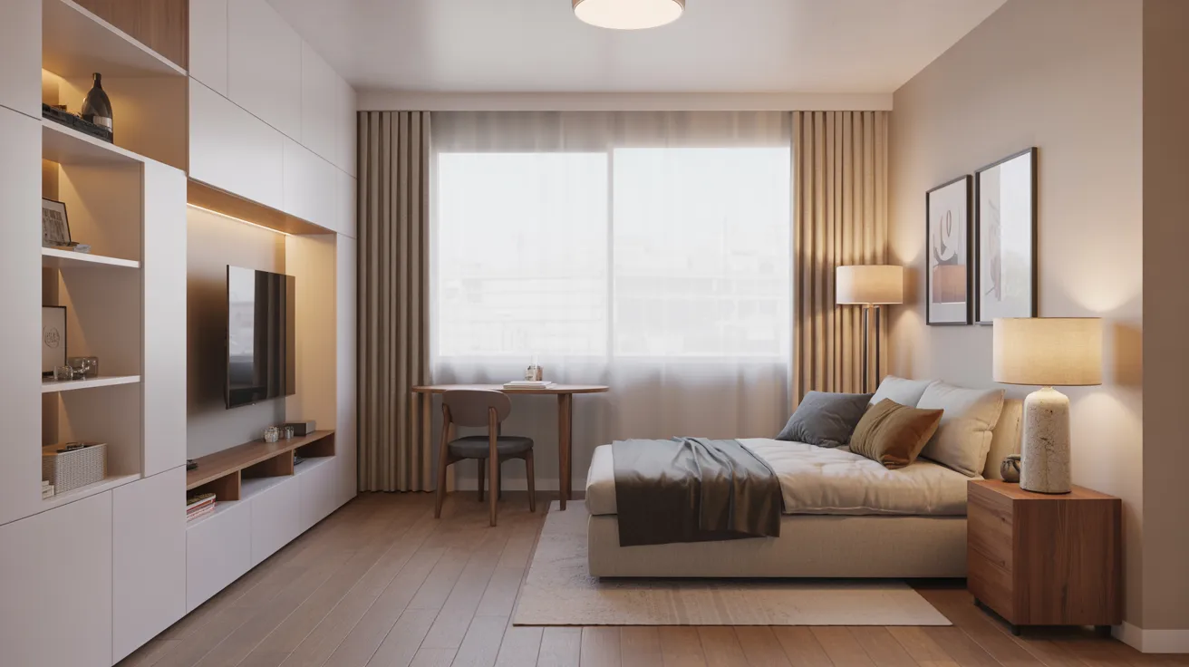 A contemporary bedroom with a neatly made bed, a workspace desk, and a mounted TV, emphasizing modern design.