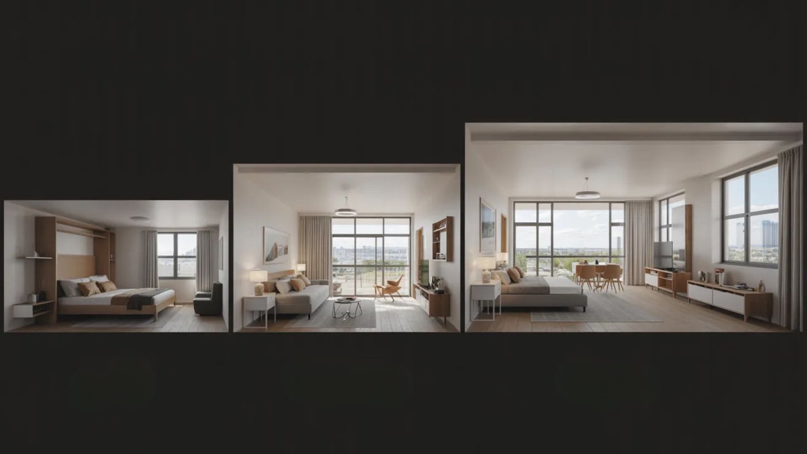 Three views showcasing a living room and bedroom, highlighting different layouts and decor styles.