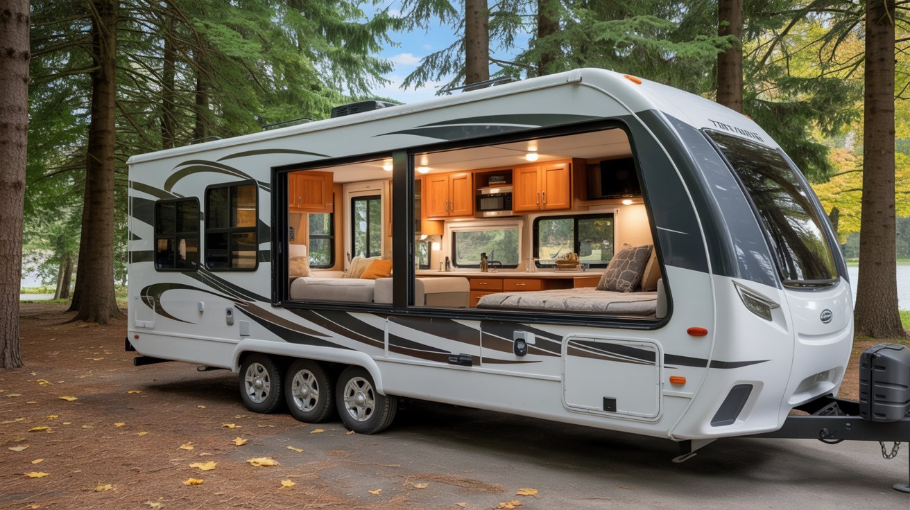 A white RV interior featuring a bed and couch, set against a backdrop of serene woods.