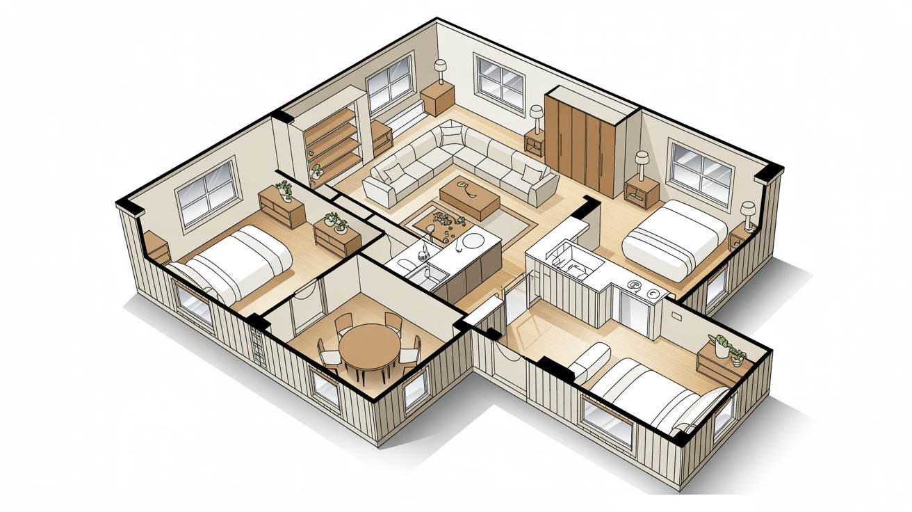 3D floor plan of an apartment with two bedrooms, a living room, kitchen, and dining area. Modern furniture and neutral tones create a cozy ambiance.