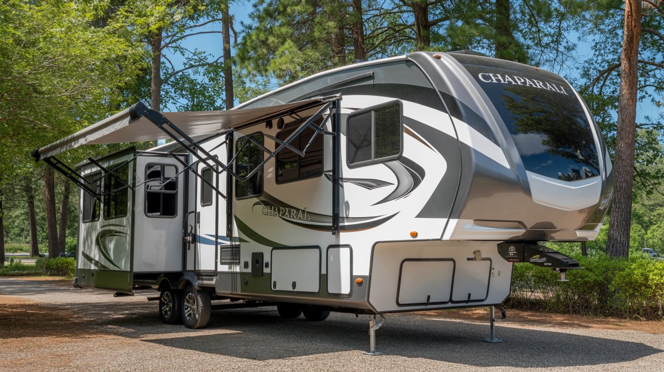 A camper van stationed in a tranquil forest setting, surrounded by lush greenery.