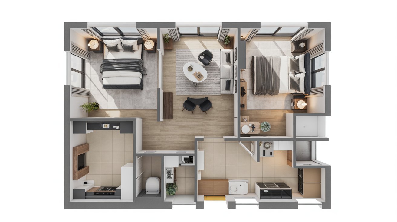 3D rendering of a modern two-bedroom apartment showcasing living space, kitchen, and bedrooms with contemporary decor.