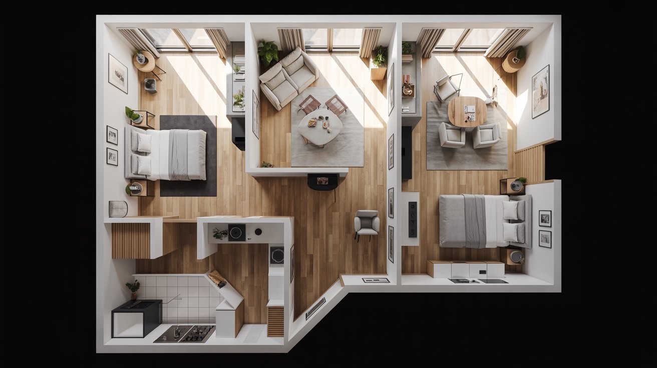 A 3D rendering of a cozy small apartment featuring modern furniture and a well-organized living space.