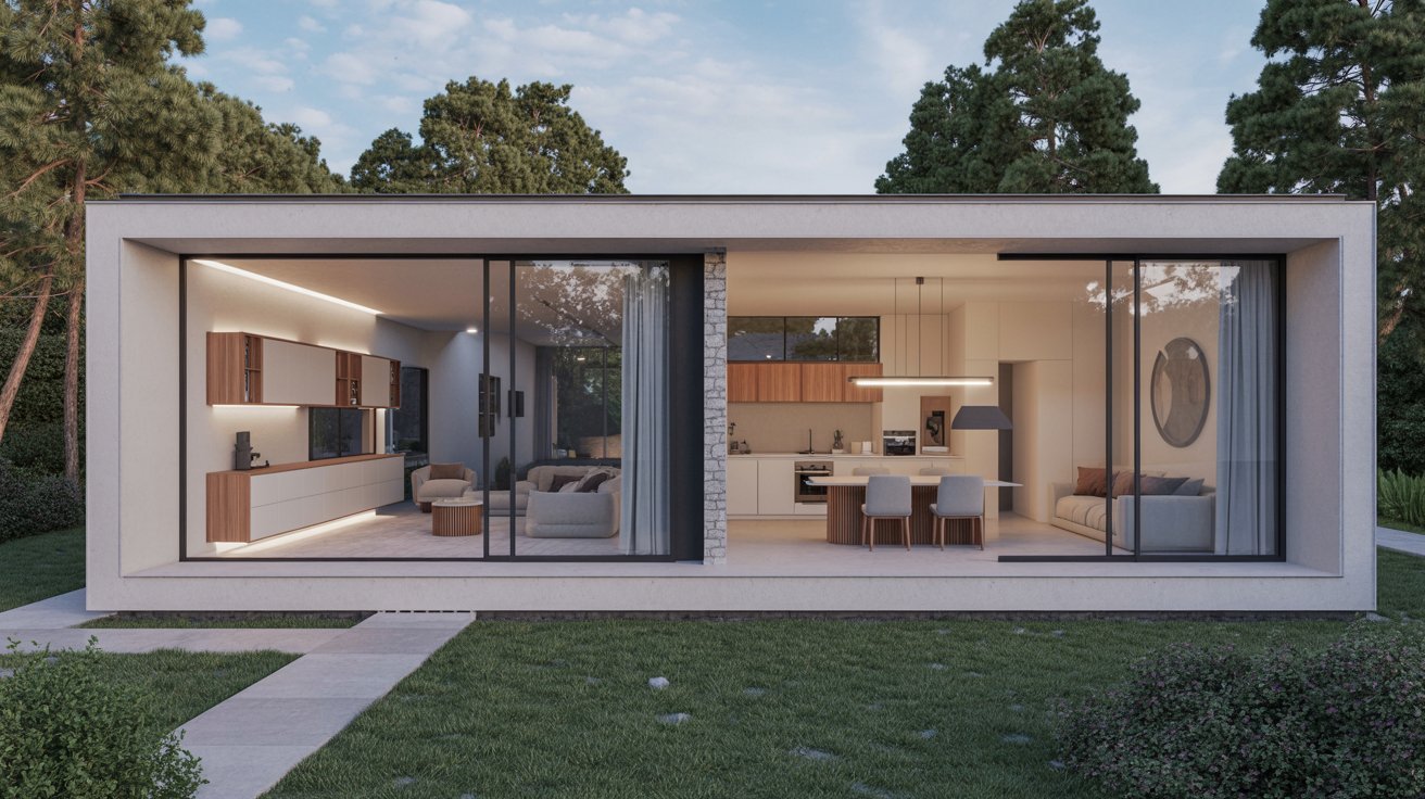 A modern house featuring a large glass wall and a spacious patio, showcasing contemporary architectural design.