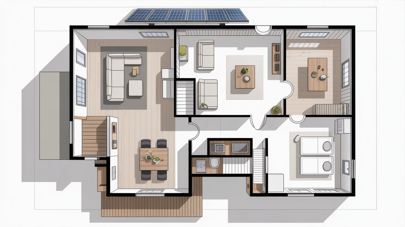 Floor plan of a modern open-concept home featuring a living room with sofas, dining area, kitchen, bedroom, and bathroom. Solar panels are on the roof.