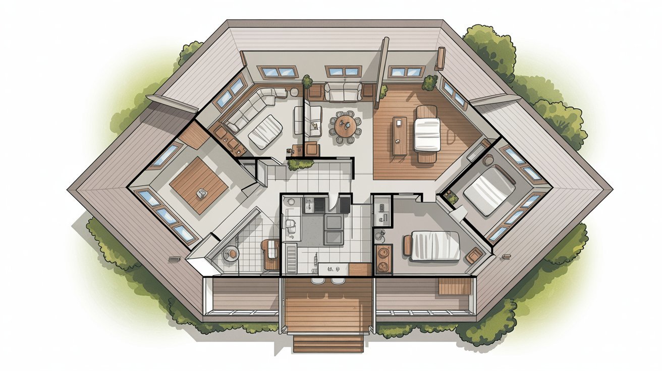 Hexagonal house floor plan with two bedrooms, a central living area, kitchen, and bathroom. Includes a wraparound deck and surrounding greenery.