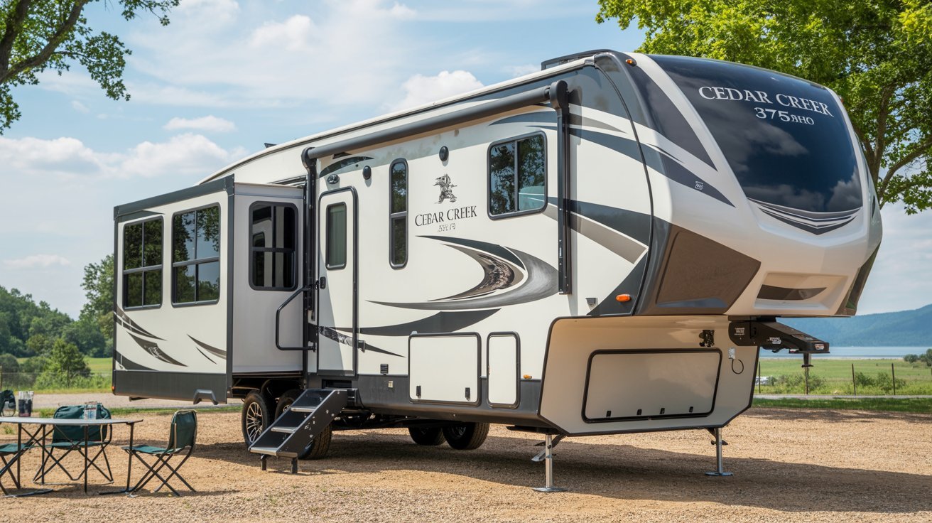 A recreational vehicle parked on a dirt road surrounded by trees and open land.