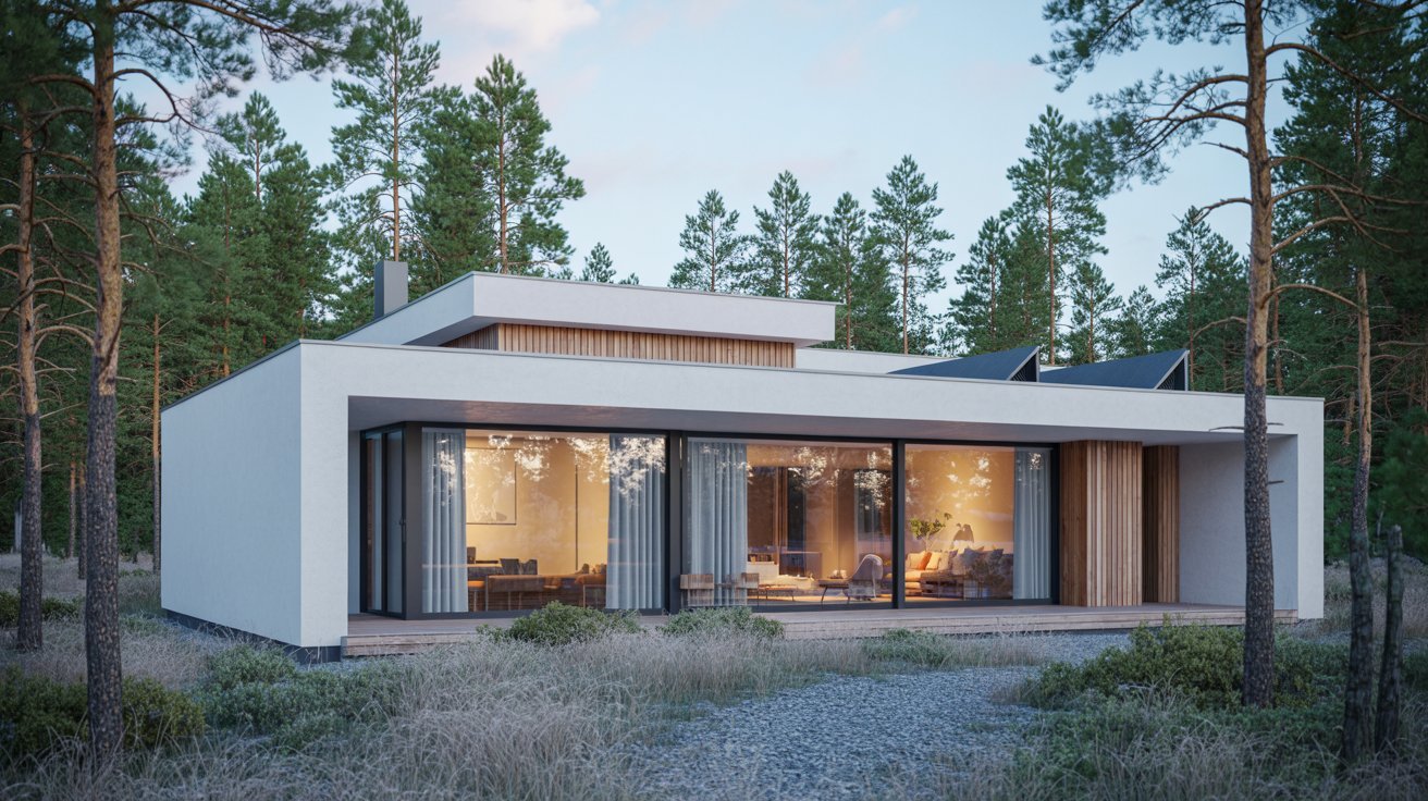 A sleek, modern home surrounded by lush greenery in a tranquil woodland environment.