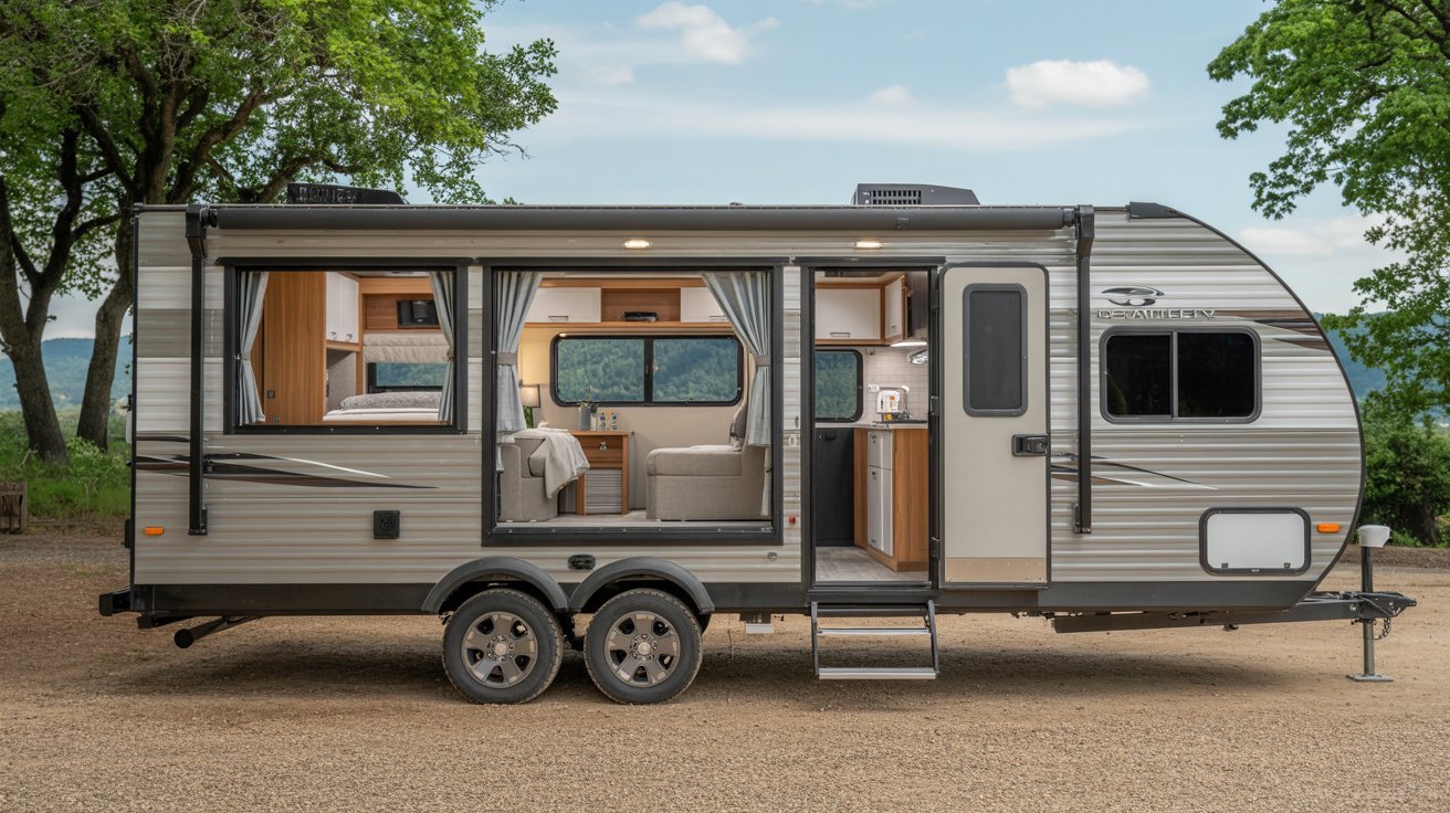 A 2020 Forest River RV travel trailer parked in a scenic outdoor setting, showcasing its modern design and features.