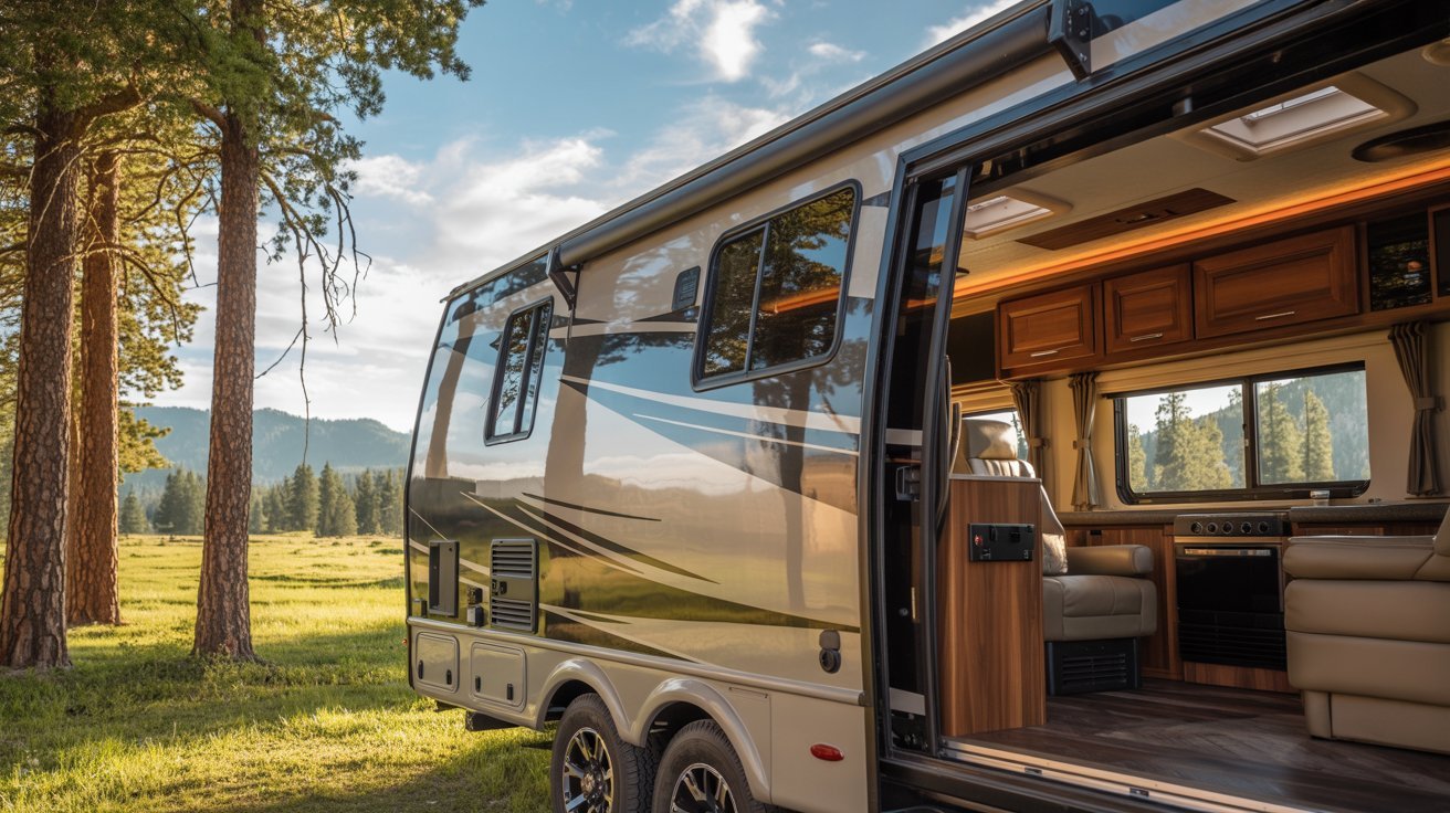 An RV parked in a grassy field, surrounded by trees and mountains in the background under a clear blue sky.
