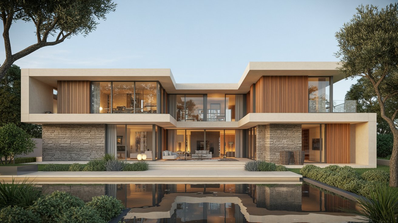 Modern house design featuring a swimming pool surrounded by lush trees in a serene outdoor setting.