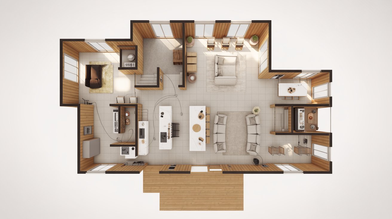 A 3D rendering of a cozy small apartment featuring modern furniture and a bright, open layout.