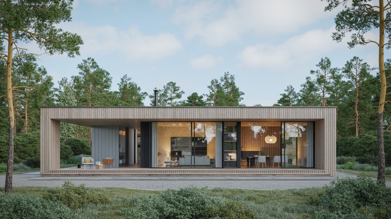 A contemporary home surrounded by lush greenery in a tranquil woodland environment.