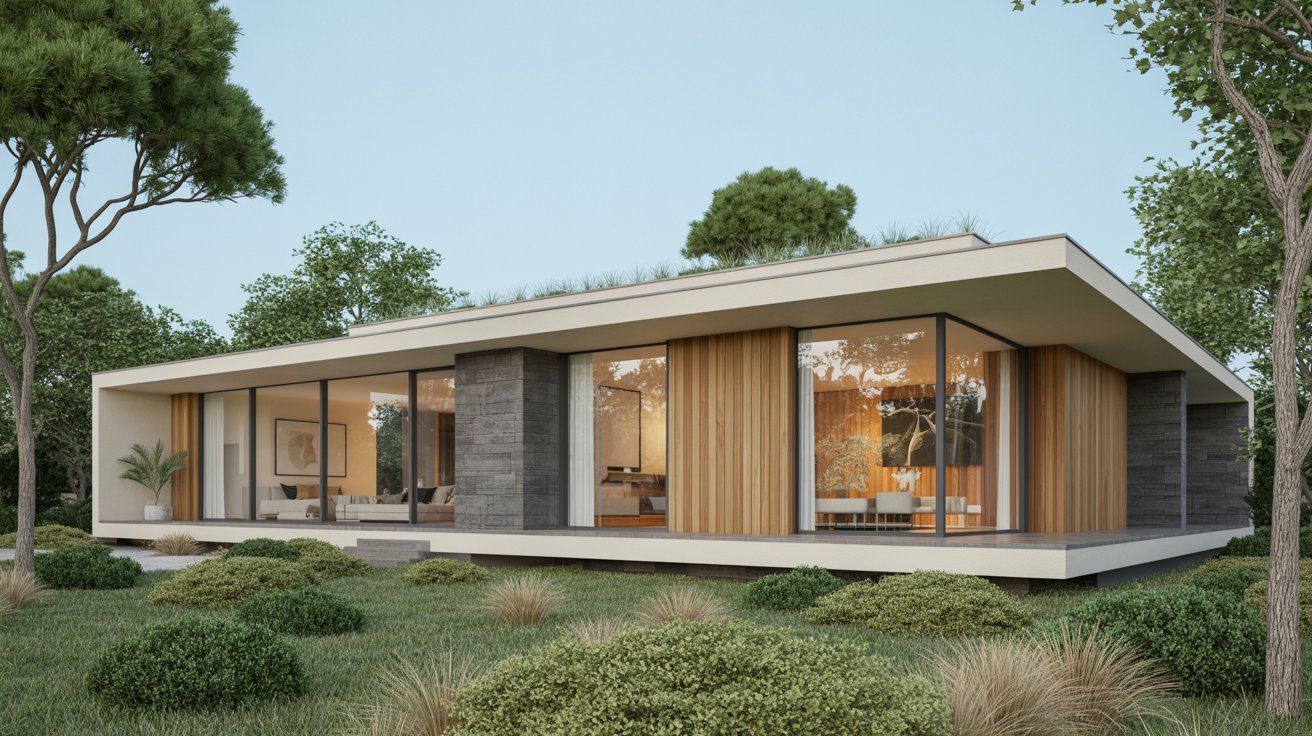 A modern house surrounded by a grassy lawn and trees, showcasing a contemporary architectural design.