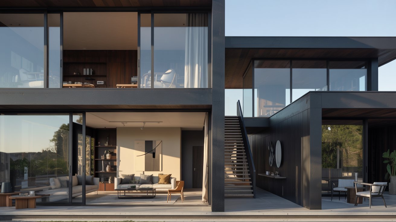 Modern house featuring expansive glass walls and large windows, blending indoor and outdoor living spaces seamlessly.