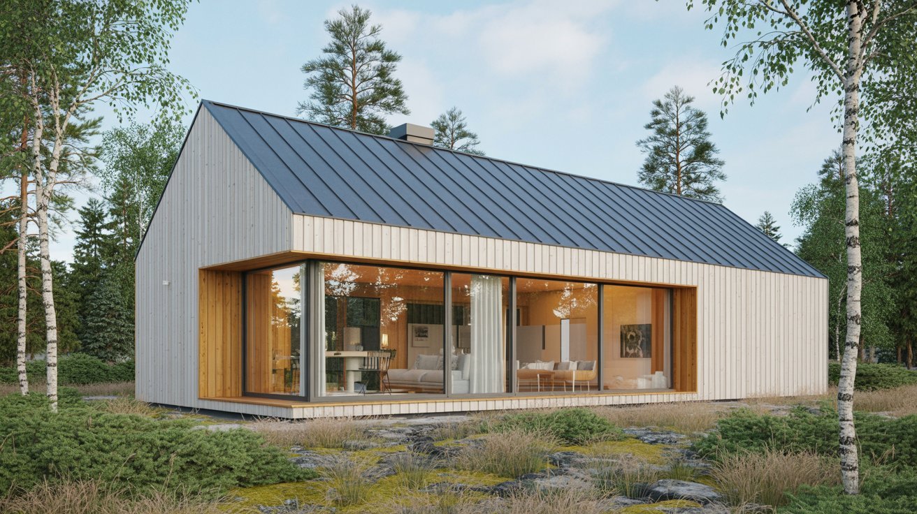 A small wooden cabin nestled in the woods, featuring a distinctive metal roof.