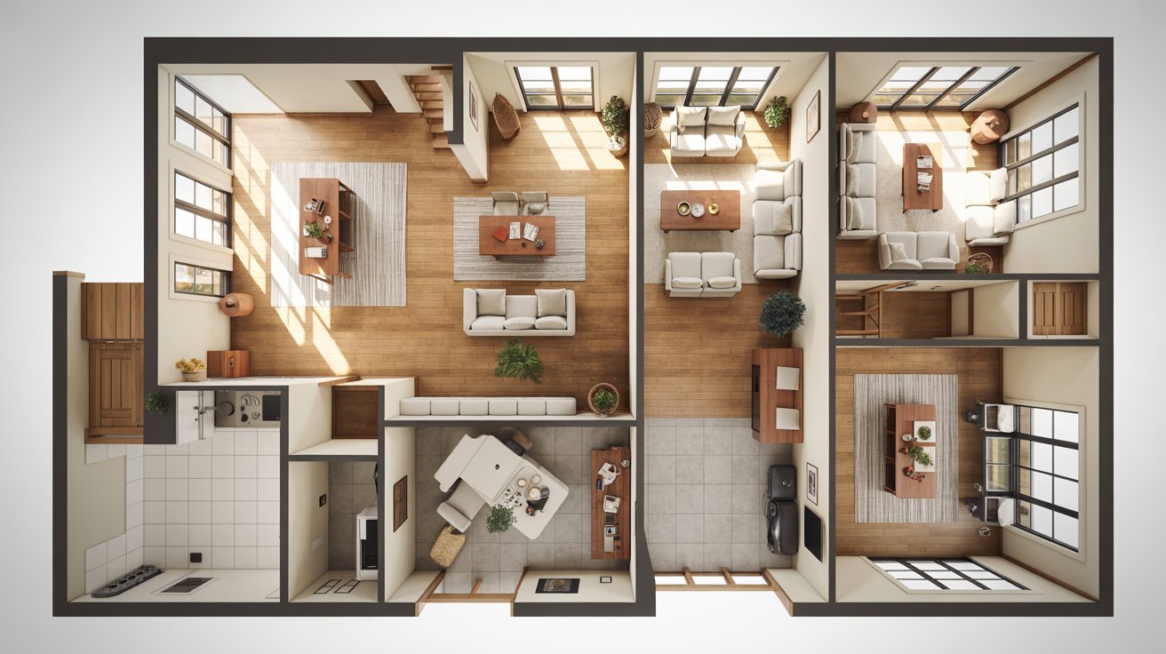 3D rendering of a modern two-bedroom apartment showcasing living space, kitchen, and bedrooms with contemporary decor.