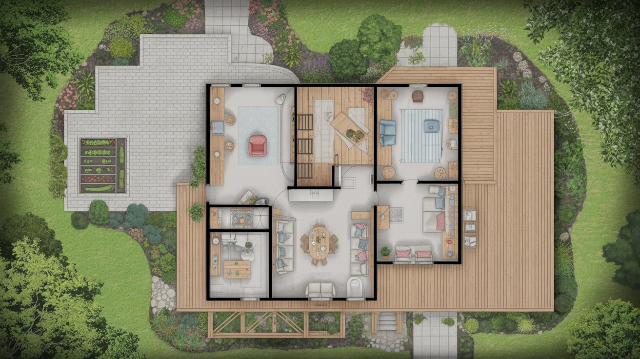 House plan featuring a spacious living room, kitchen, and dining area designed for open-concept living.