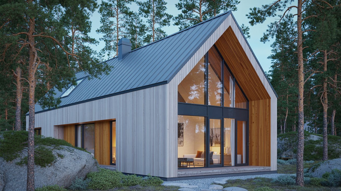 A small wooden cabin nestled in the woods, featuring a distinctive metal roof.