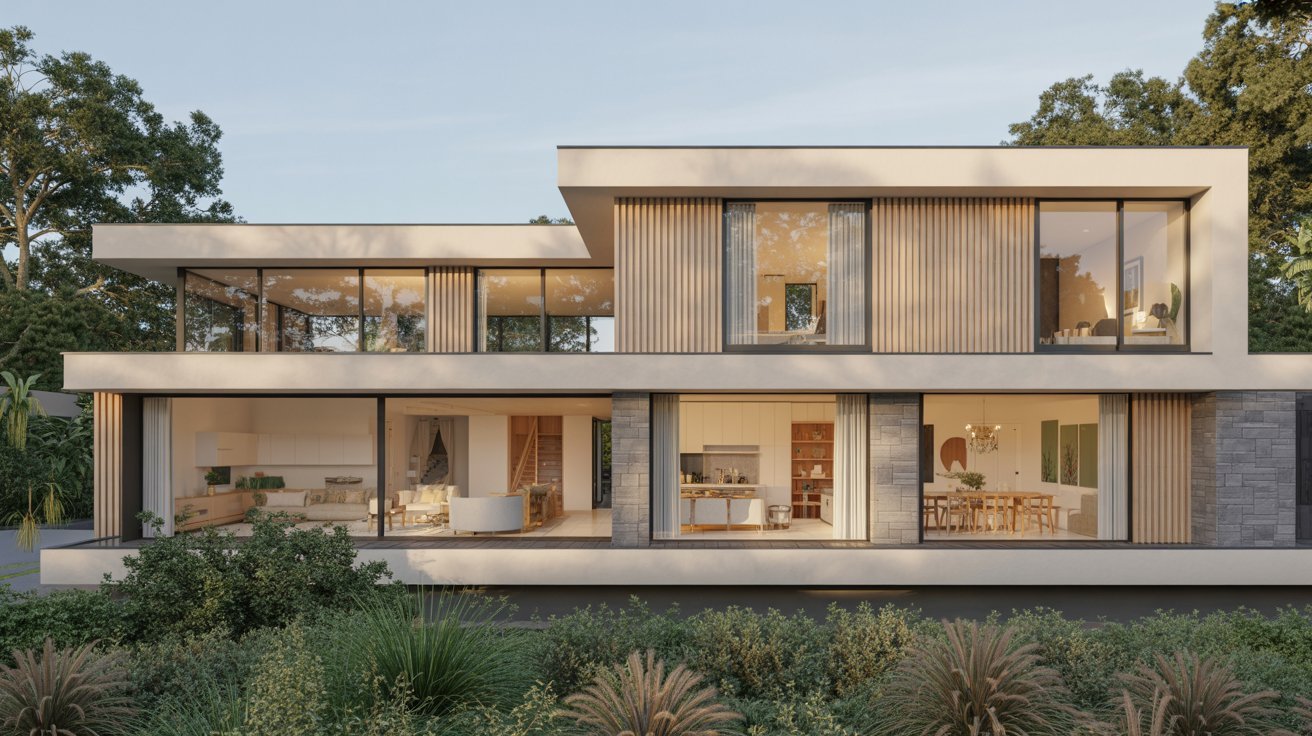 A modern house featuring large windows and a spacious yard, showcasing contemporary architecture and outdoor space.