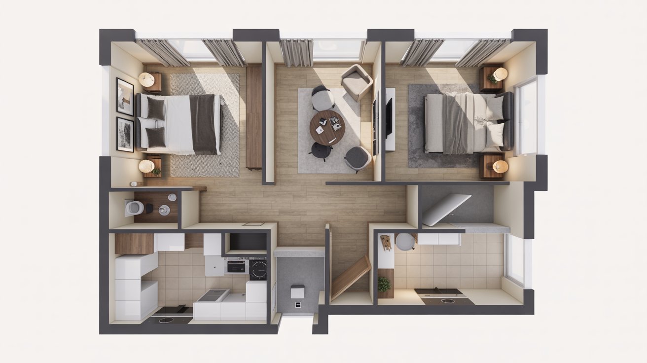 3D rendering of a modern two-bedroom apartment showcasing living space, kitchen, and bedrooms with contemporary decor.