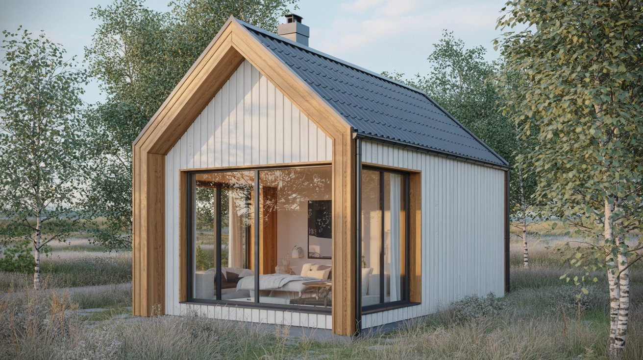 A small wooden cabin nestled in the woods, featuring a large window that offers a view of the surrounding trees.