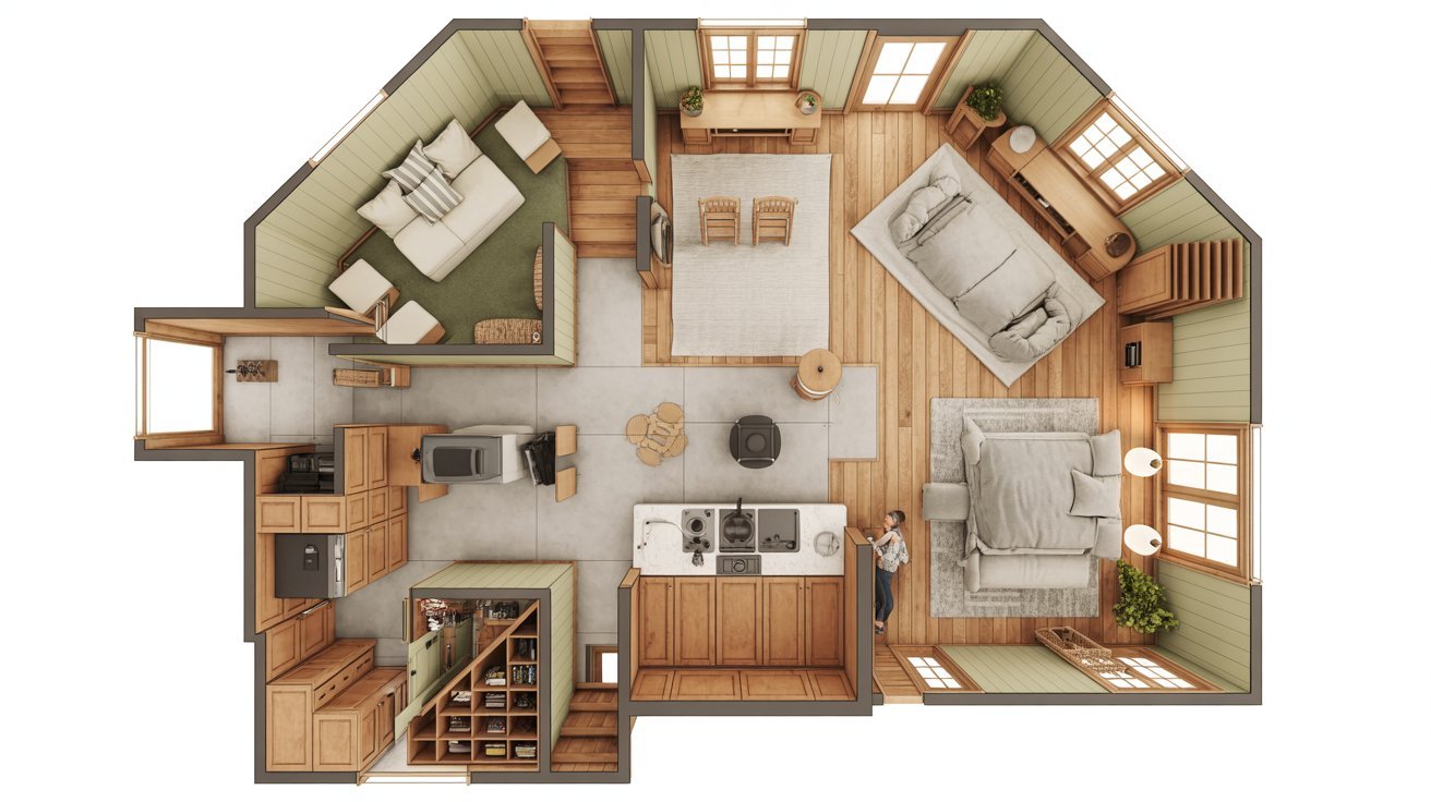 A 3D representation of a small apartment, including a living room, kitchen, and bedroom, highlighting its cozy design.