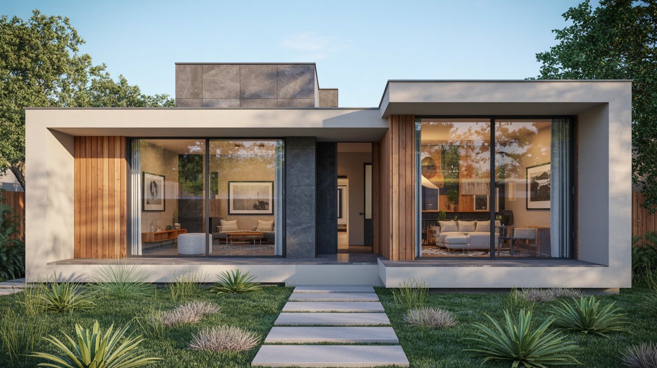 Modern house featuring a sleek exterior design with large windows and a minimalist aesthetic.