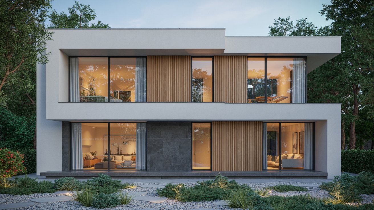 Modern house exterior featuring sleek lines, large windows, and a minimalist design surrounded by landscaped greenery.