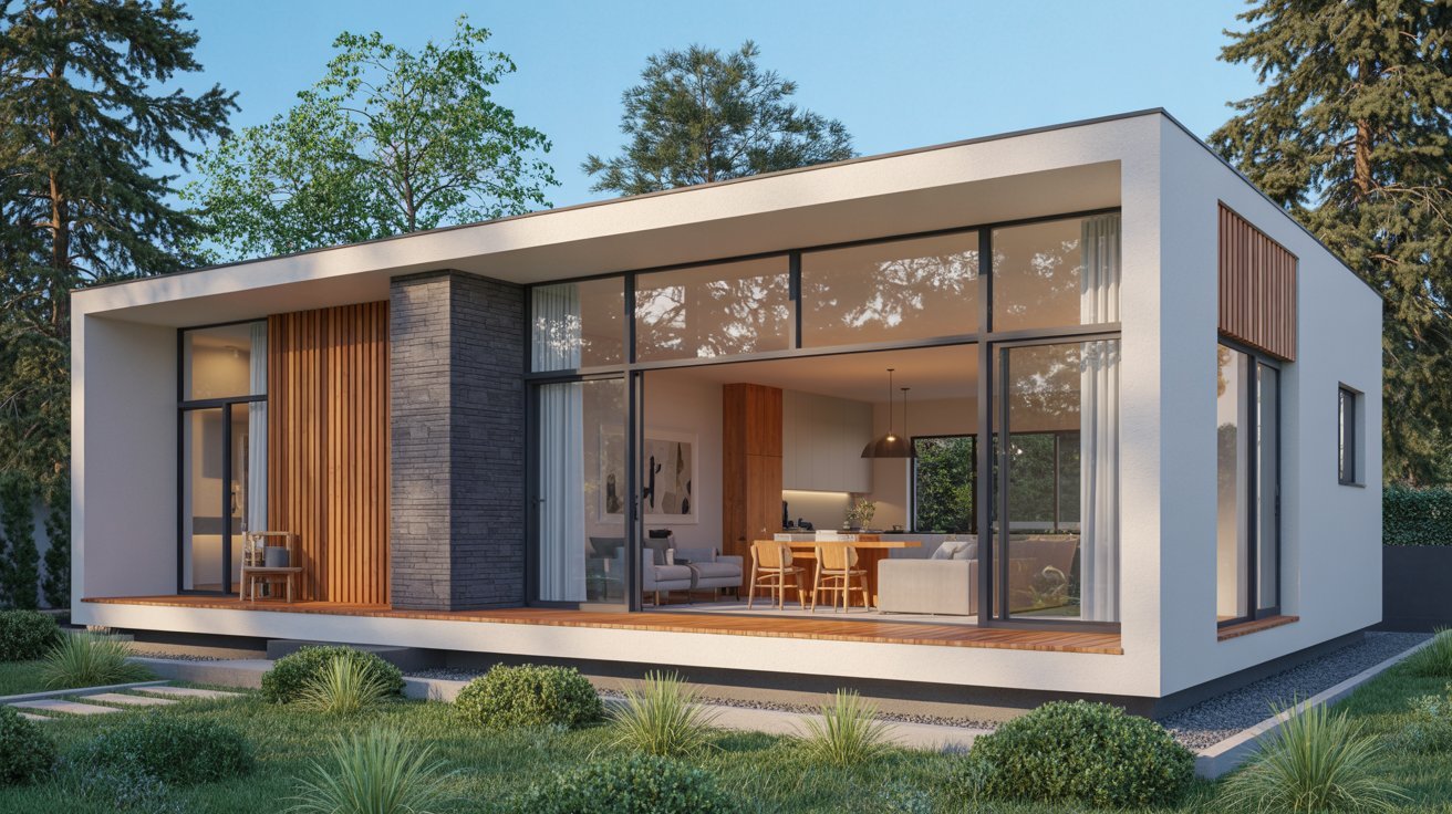 A modern house featuring a spacious deck and a stylish patio for outdoor relaxation and entertainment.