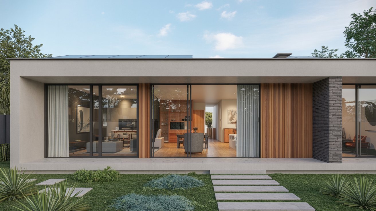 . Modern house featuring expansive glass walls and elegant wooden doors, showcasing contemporary architectural design.