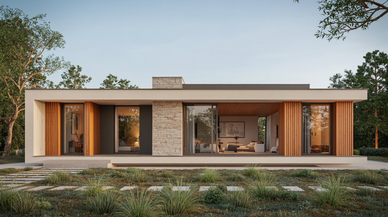 Modern house featuring wooden siding and stone walls, showcasing a blend of natural materials and contemporary design.