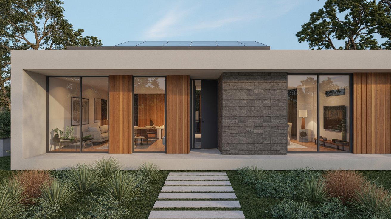 A modern house featuring a solar panel installed on the roof, showcasing sustainable energy use.