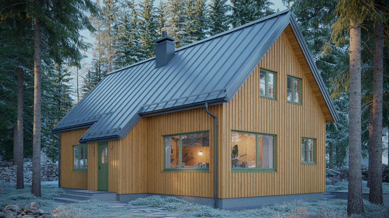 A small wooden cabin nestled in the woods, featuring a distinctive metal roof.