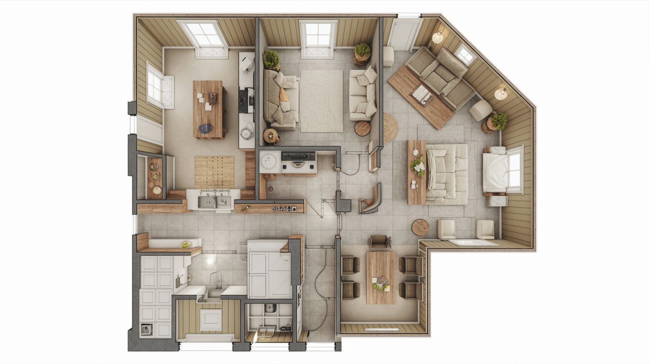 3D rendering of a modern two-bedroom apartment showcasing living space, kitchen, and bedrooms.