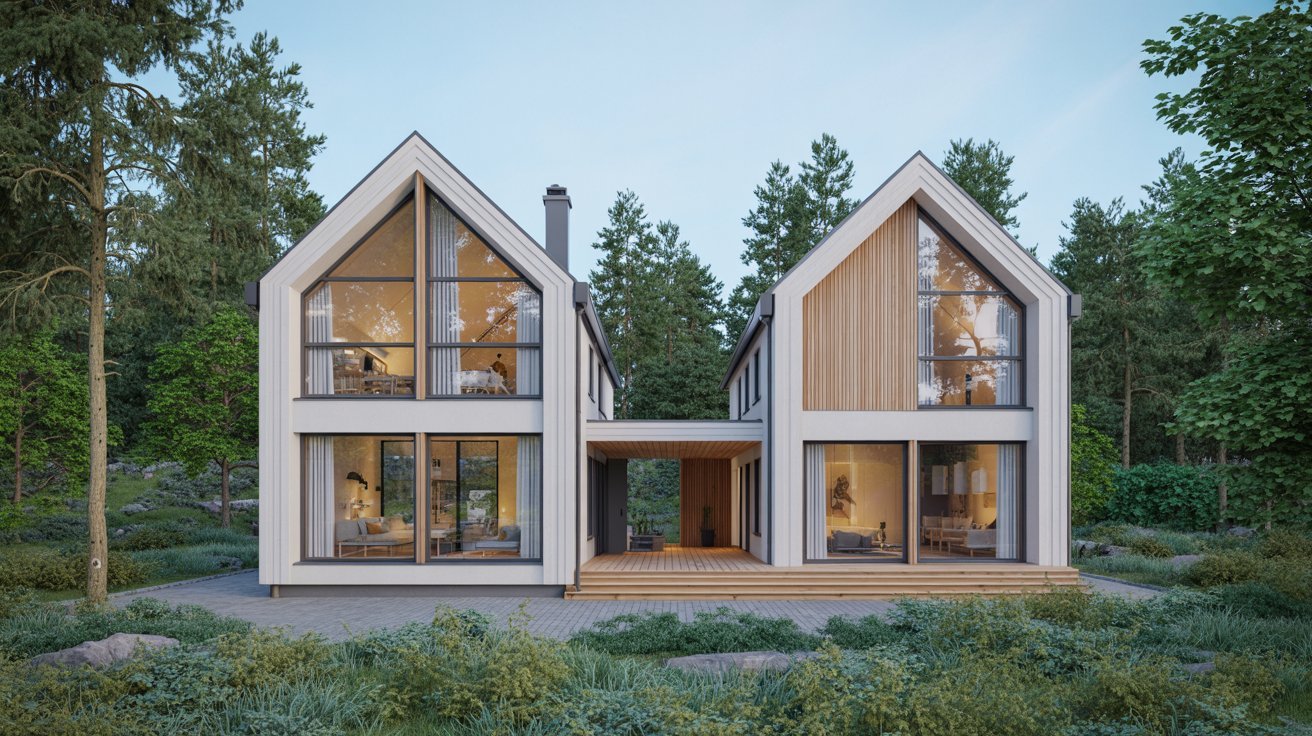 A modern house featuring two large windows that enhance its contemporary design and natural light.