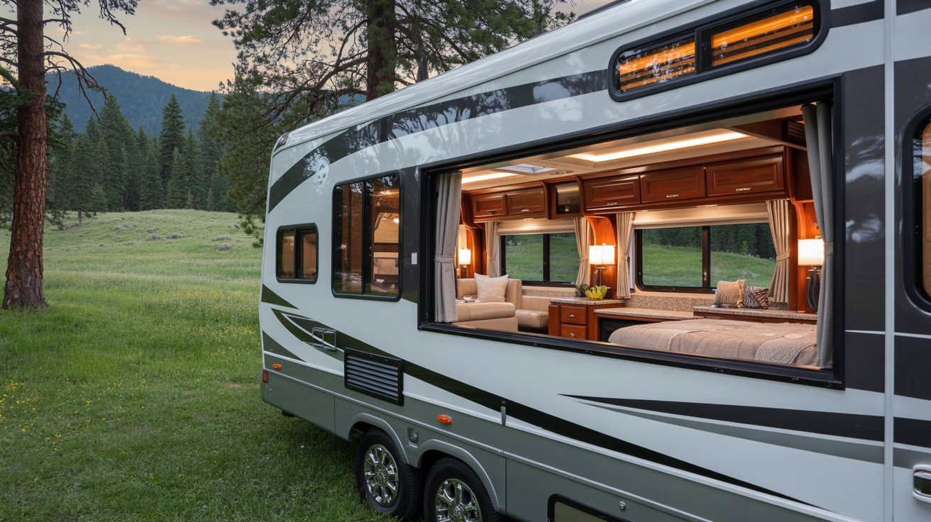 An RV parked in a grassy field with a majestic mountain range in the background under a clear blue sky.