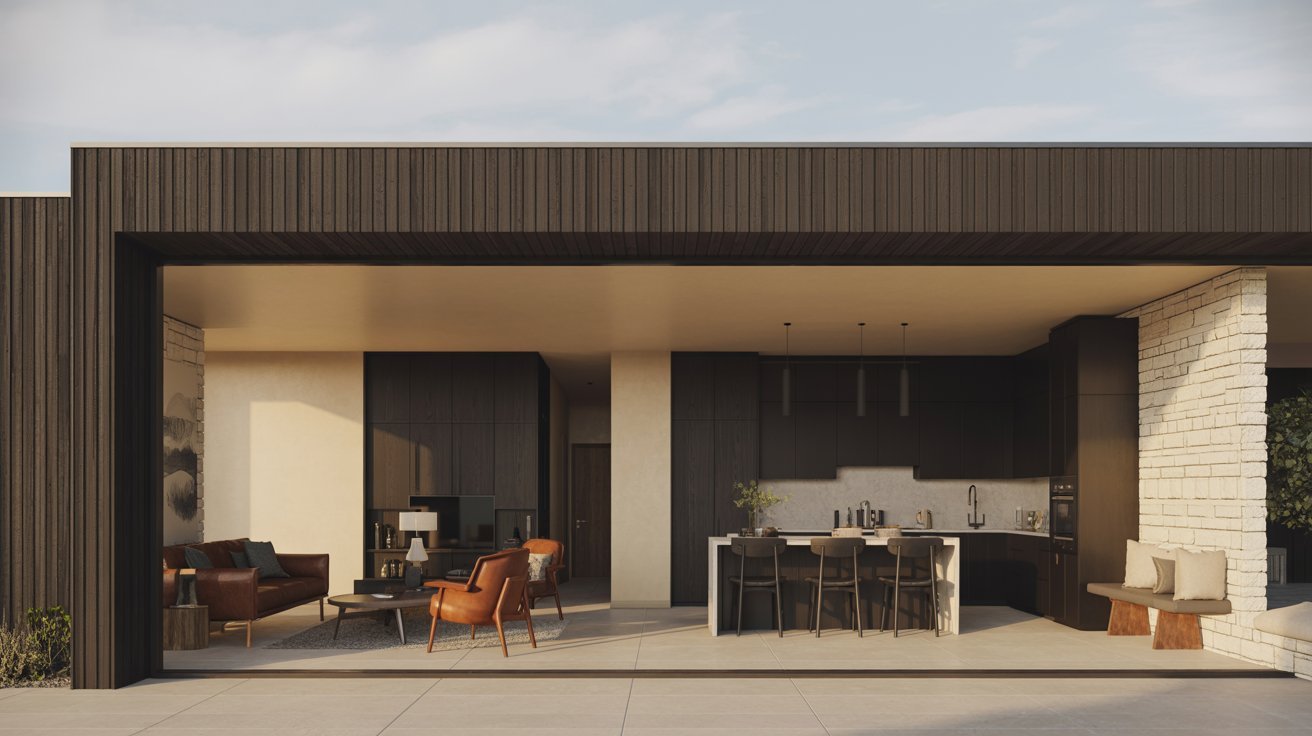 A modern home featuring a spacious patio and a contemporary kitchen, showcasing sleek design and outdoor living space.