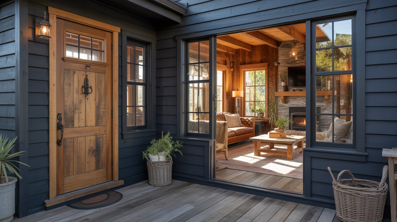 A welcoming porch showcasing natural wood floors and a traditional wooden door.
