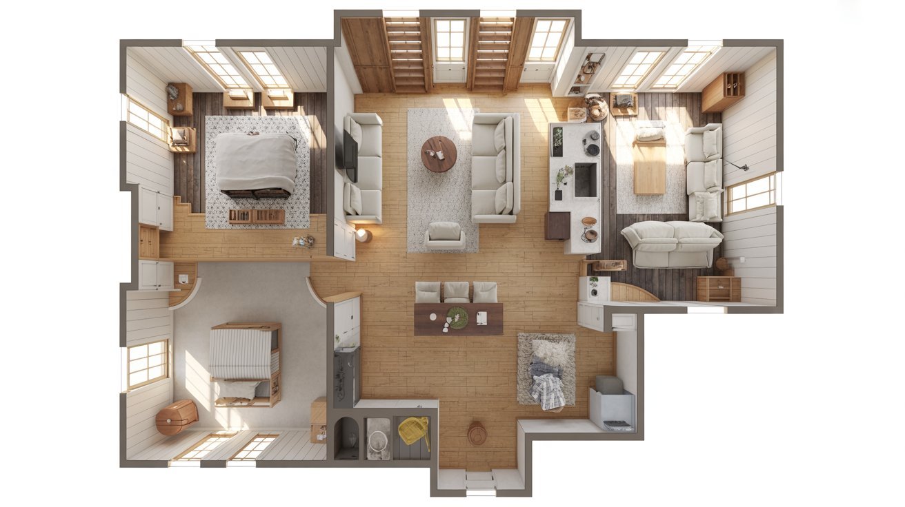 3D view of a two-bedroom apartment showcasing the layout and design of the living spaces.