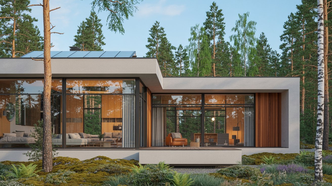 A contemporary home set among trees and greenery in a serene woodland environment.