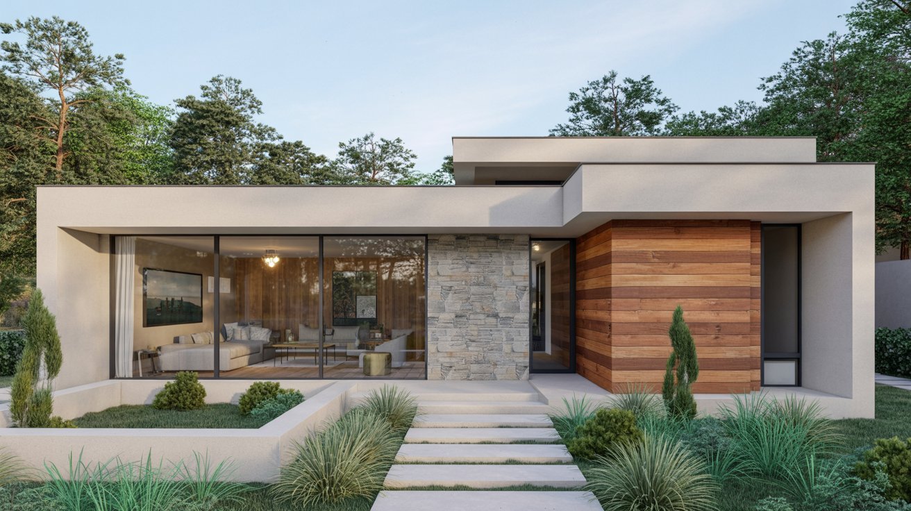 Modern house featuring a sleek exterior design with large windows and a minimalist aesthetic.