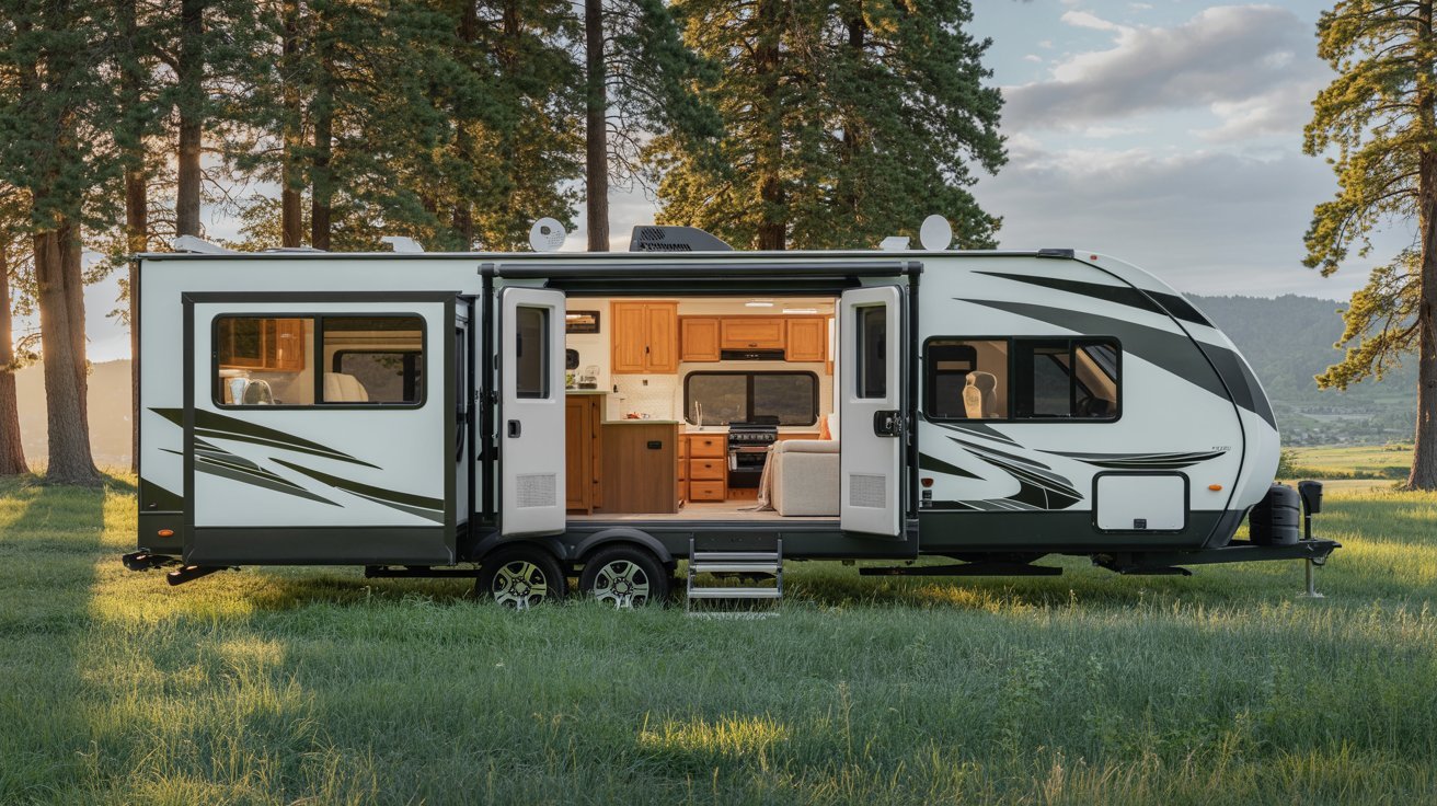 A compact white and black RV is stationed in a lush green field, surrounded by open space.