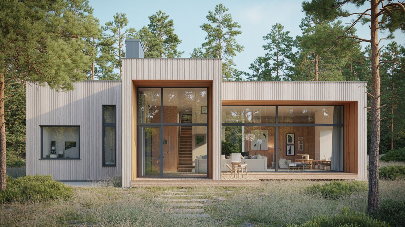 A contemporary house nestled in the woods, featuring a spacious porch that blends with the natural surroundings.