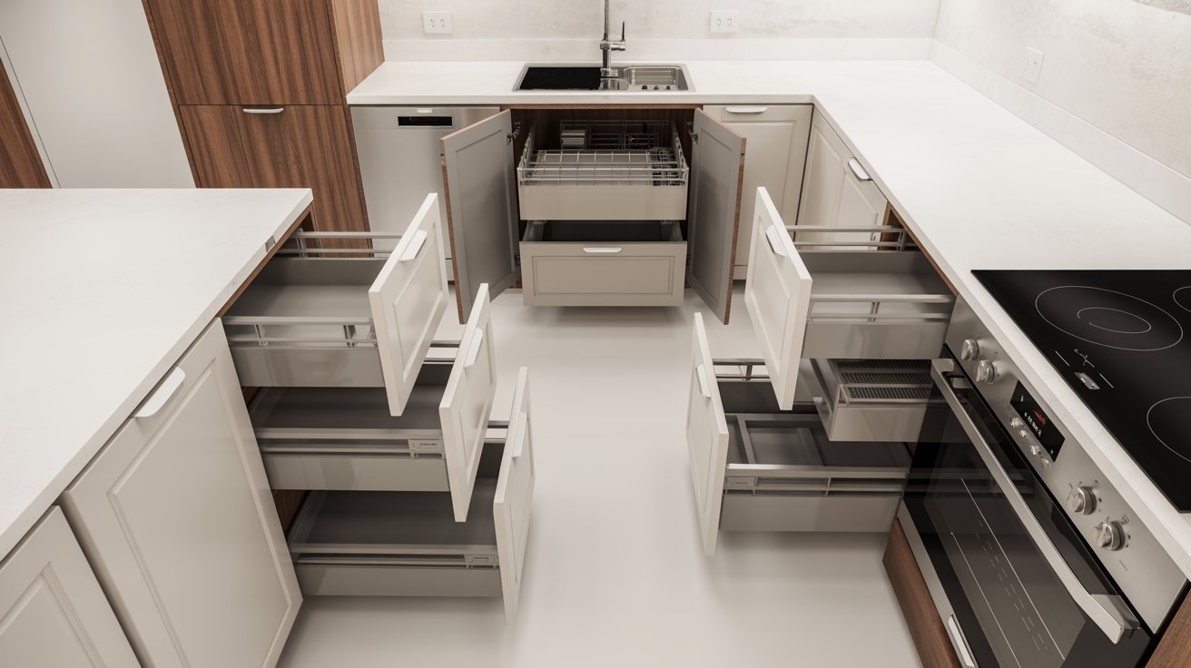 Spacious kitchen featuring a sink, oven, and storage drawers.