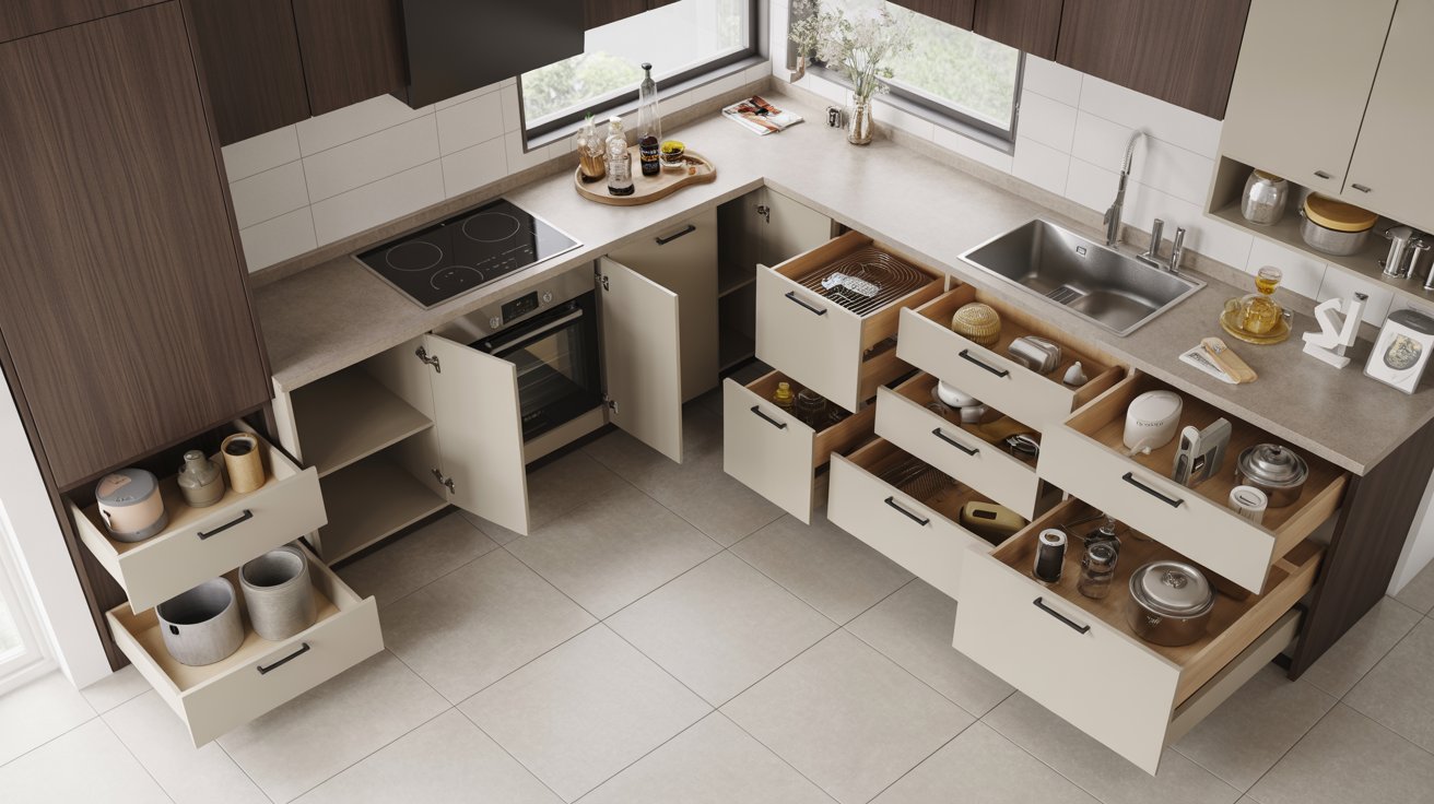 Modern kitchen with light beige cabinets and wood accents. All drawers and cupboards are open, revealing organized kitchenware and utensils. The atmosphere is tidy and bright.